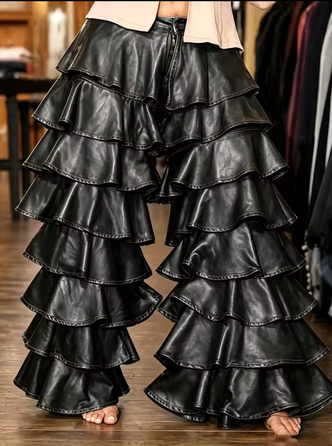 FAUX LEATHER RUFFLE PANTS